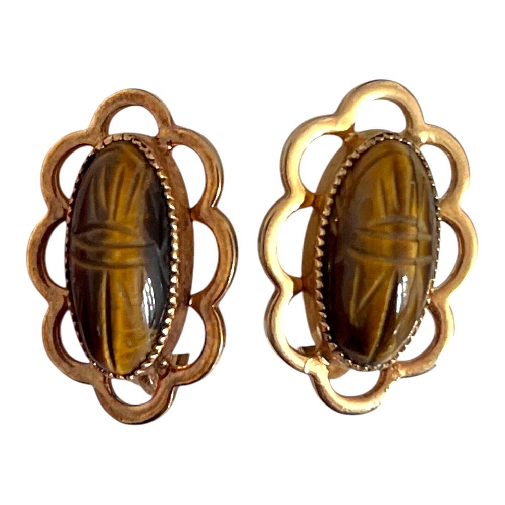 Vintage 1960s Tiger Eye Scarab Earrings 12K Gold Filled Screw Back - 12A